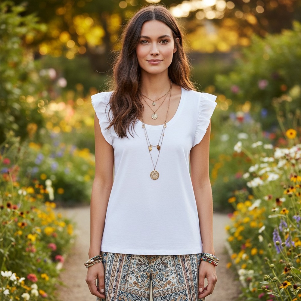 NEW Loft PXXL Top White Flutter Ruffle‎ Tee Coastal Preppy Beach Boho Casual